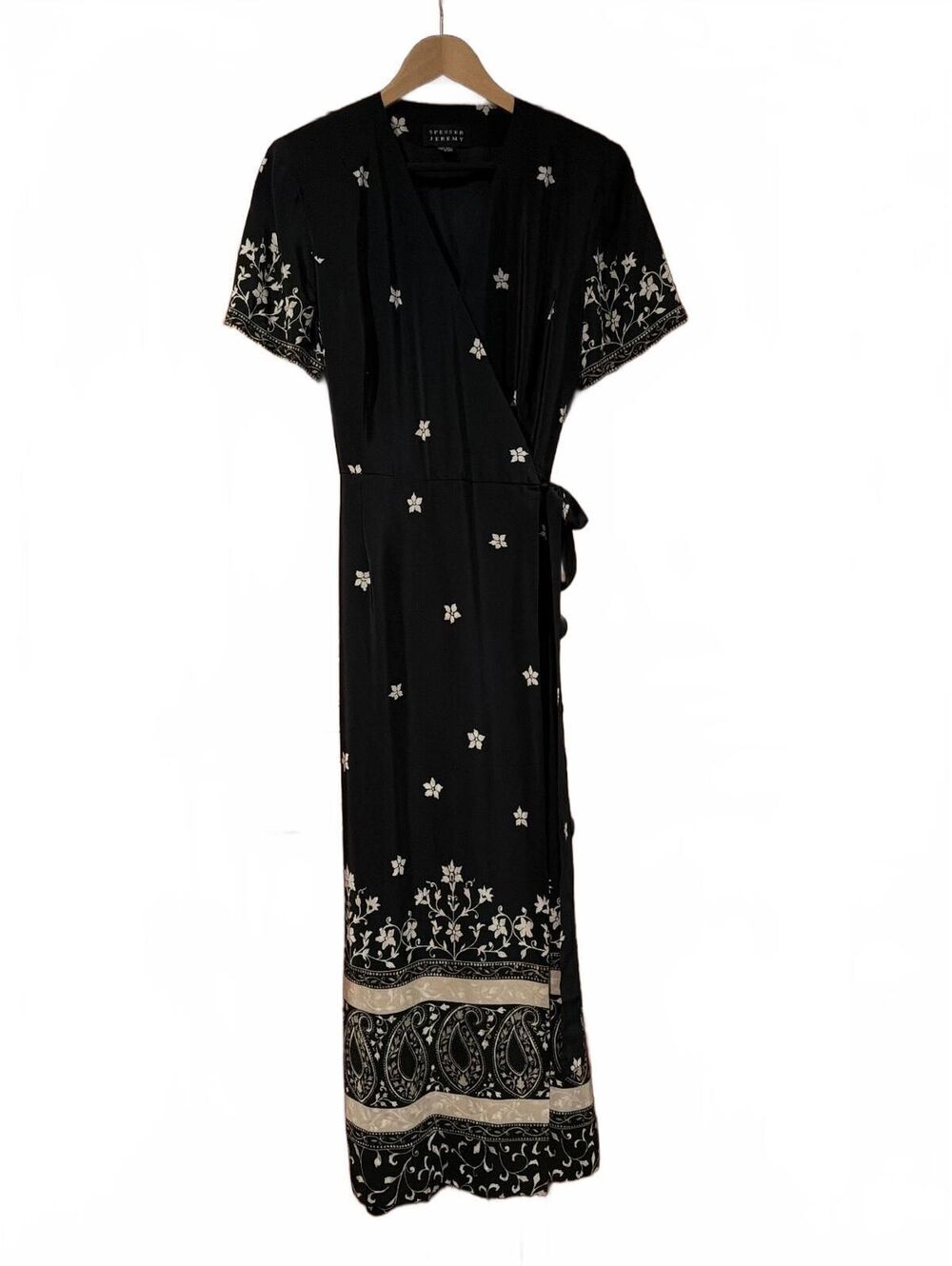 Spenser Jeremy Wrap Dress 100% Silk Black White Floral Size 12 Vintage 90s